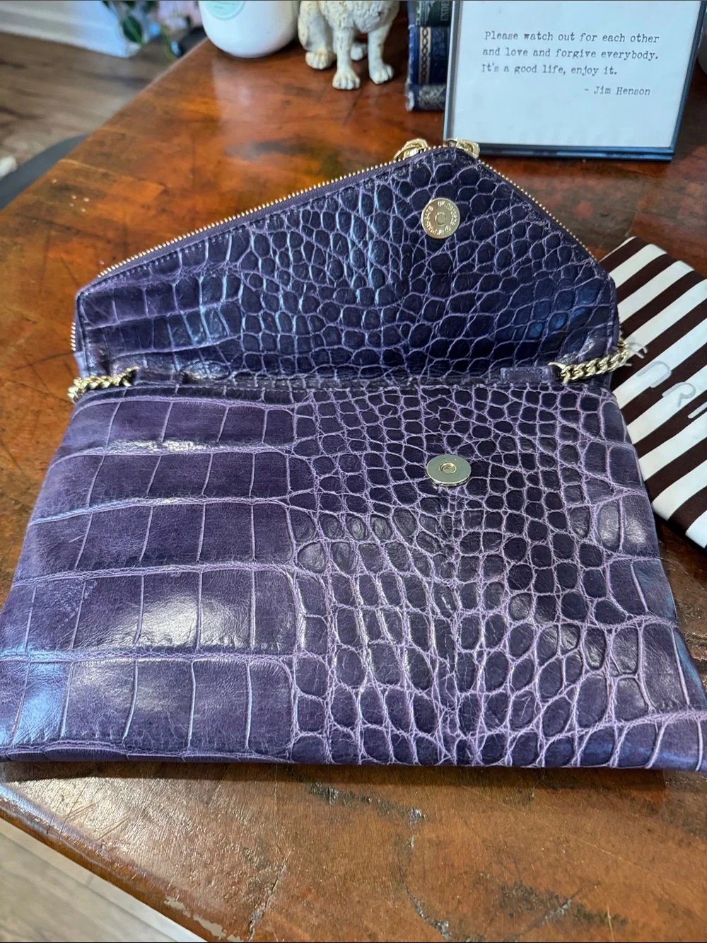 henri bendel Plum Croc-Embossed Leather Chain Shoulder Clutch